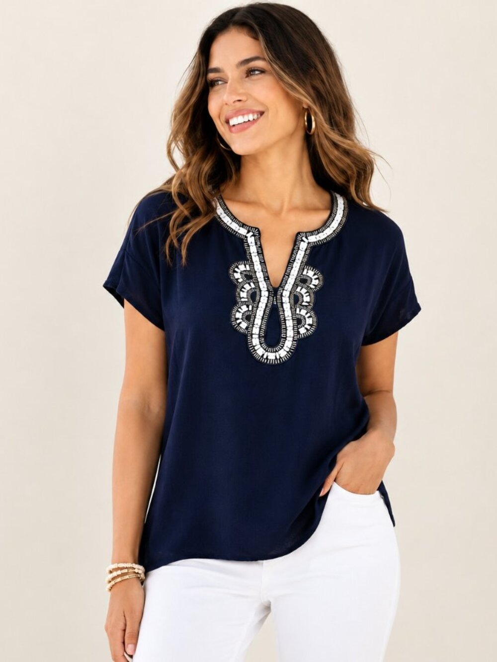 Lilly Pulitzer Valencia Beaded Navy Blue Top Sz M Coastal Preppy Resortwear